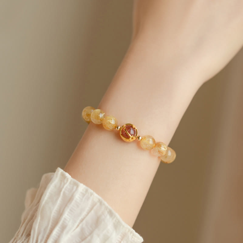 Braccialetto di protezione a forma di stella in quarzo rutilato dorato Buddha Stones Strawberry Quartz