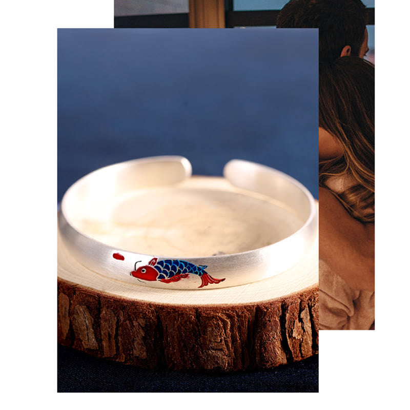 Braccialetto con polsino portafortuna in argento sterling 999 con pesce koi Buddha Stones