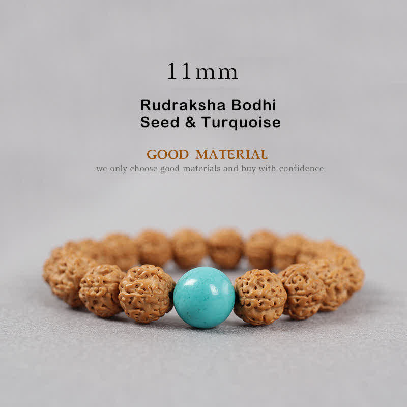 Buddha Stones Tibet Rudraksha Bodhi Seed Dzi Bead Ambra Turchese Bracciale della Ricchezza - 11 mm - Seme di Rudraksha Bodhi e turchese - image 19