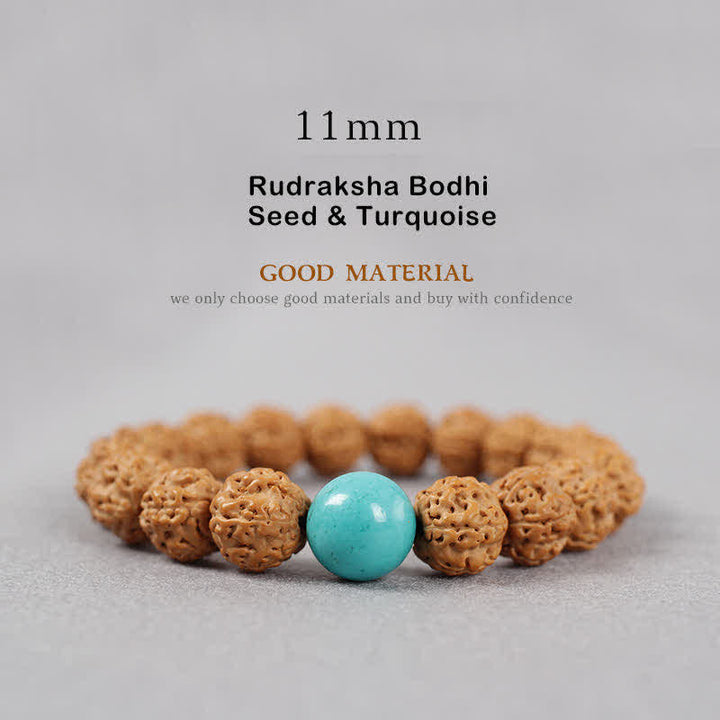 Buddha Stones Tibet Rudraksha Bodhi Seed Dzi Bead Ambra Turchese Bracciale della Ricchezza - 11 mm - Seme di Rudraksha Bodhi e turchese - image 19