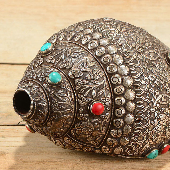Tibetano fatto a mano naturale Shankha inciso otto simboli di buon auspicio conchiglia fortunata decorazione per la casa