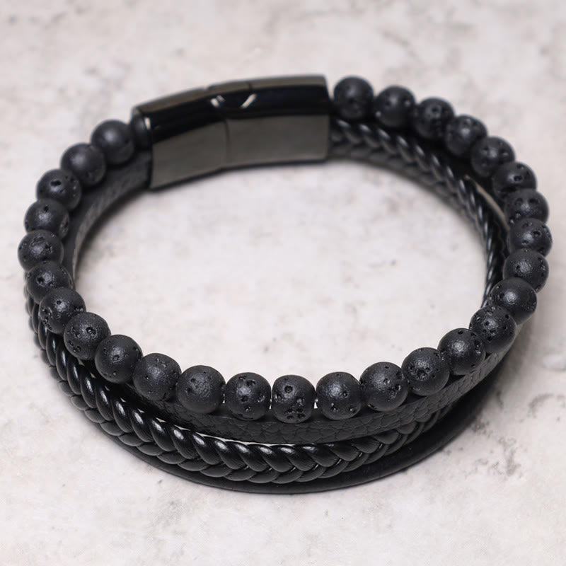 Bracciale in pelle con perline di onice nero e roccia lavica naturale Buddha Stones