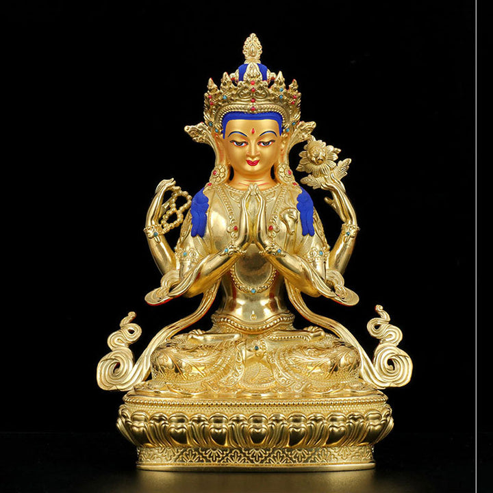 Statua di protezione di Avalokitesvara a quattro braccia di Chenrezig, placcata in oro e rame
