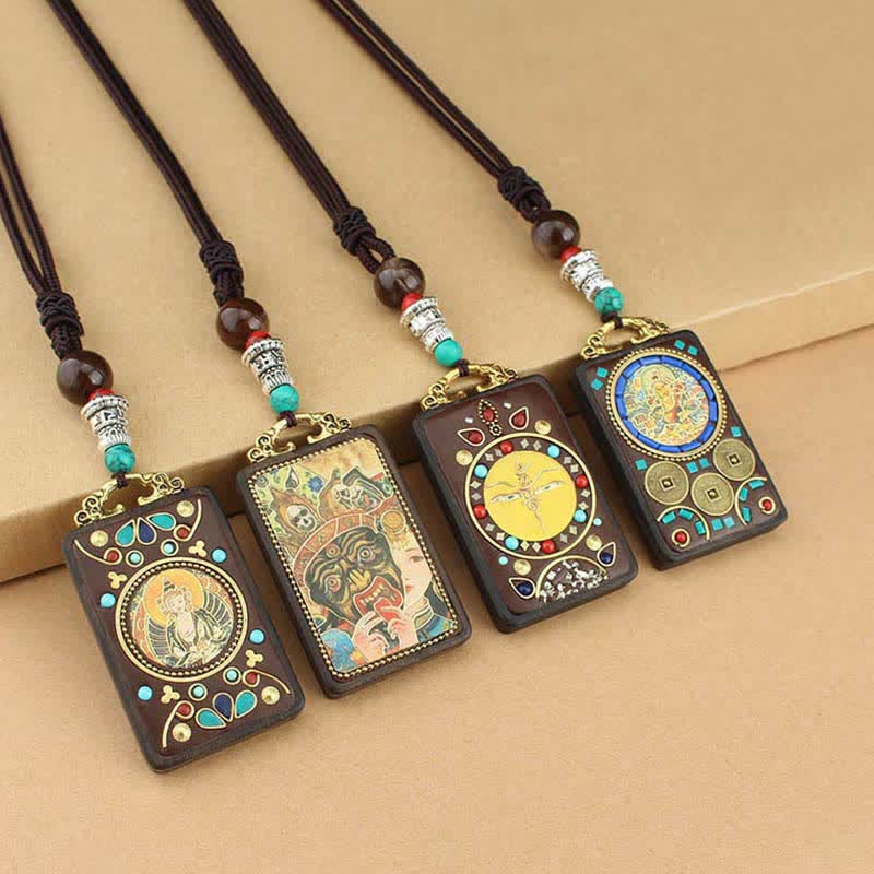 Buddha Stones Tibet Dio della Ricchezza Thangka Ebano Collana Pendente della Pace