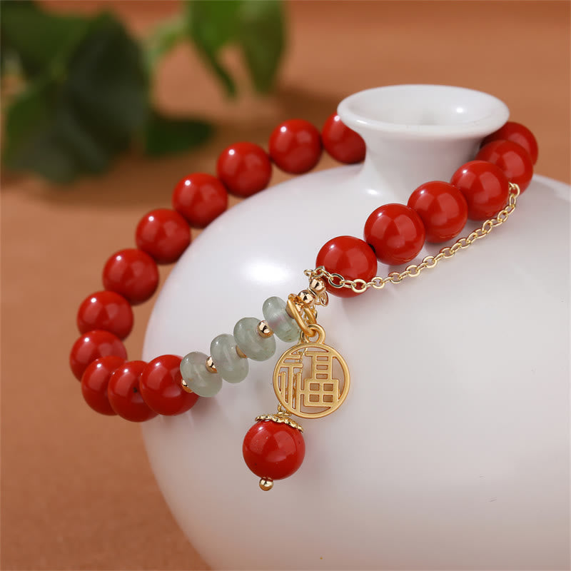 Braccialetto di giada calma con carattere Fu di cinabro e Buddha Stones
