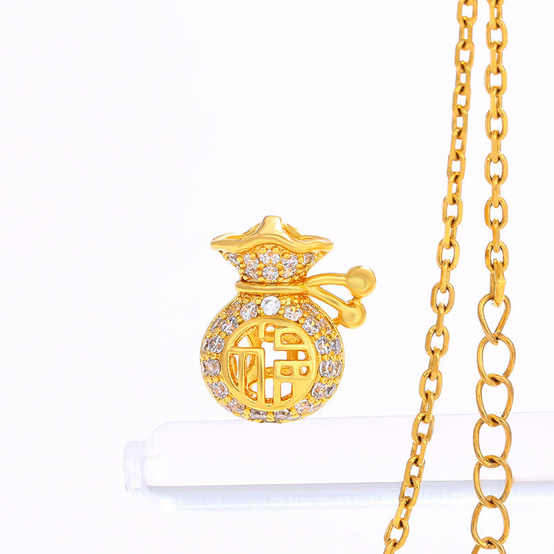 Collana con ciondolo a forma di sacchetto di soldi della fortuna del personaggio Fu placcato in oro 24K