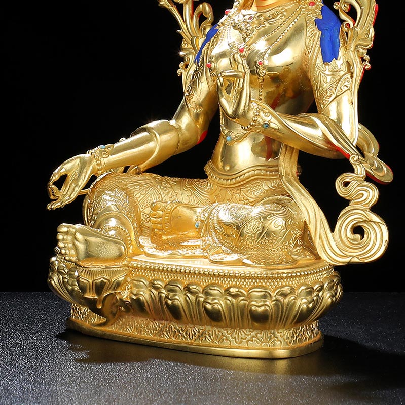 Decorazione statua in rame placcato oro Bodhisattva Tara verde protezione