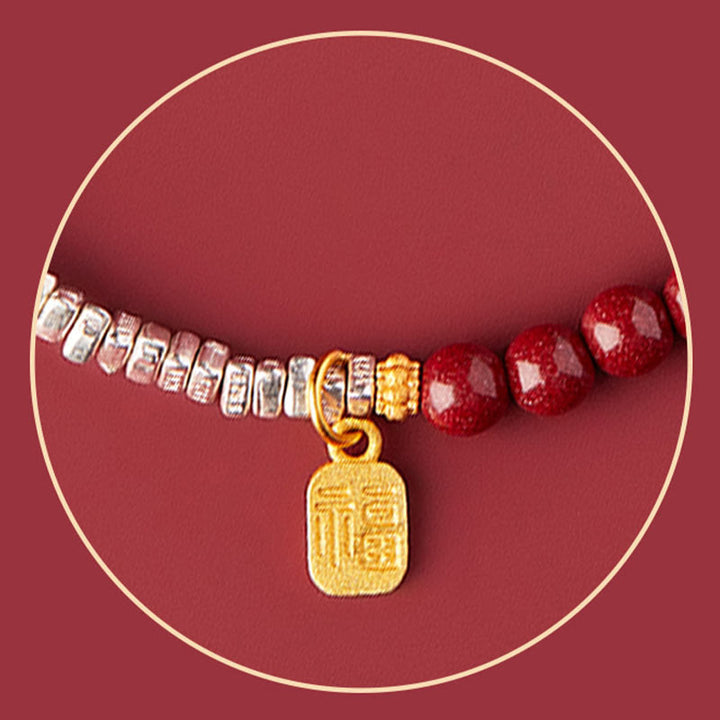 Bracciale Buddha Stones 925 Sterling Silver Cinnabar Fu Character Blessing
