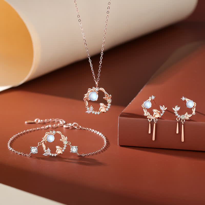 Collana con ciondolo e orecchini in argento sterling 925 con motivo a fiori di pietra lunare dell'anno del coniglio - image 3