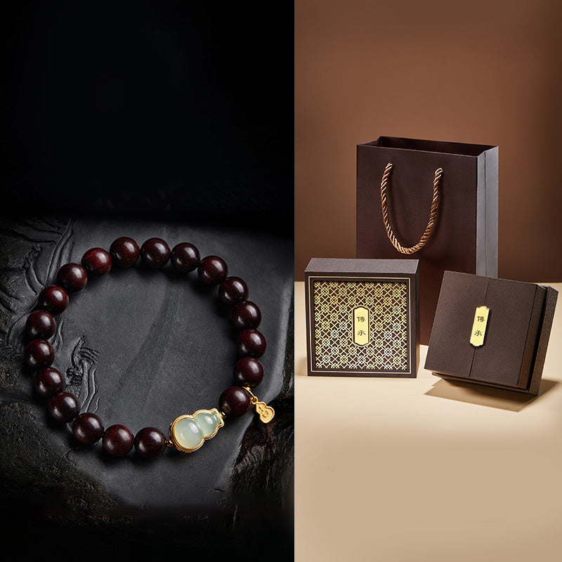 Braccialetto di rilassamento calmo con piccole foglie di sandalo rosso, zucca e giada Buddha Stones