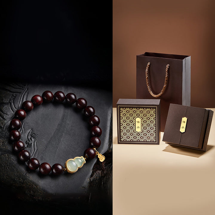 Braccialetto di rilassamento calmo con piccole foglie di sandalo rosso, zucca e giada Buddha Stones
