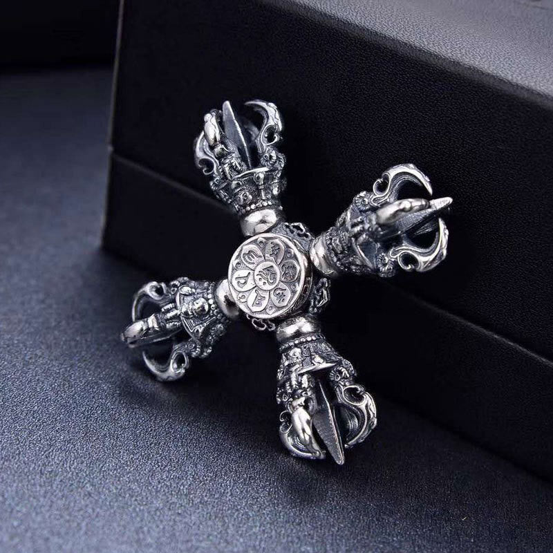 Buddha Stones Tibetano Argento Sterling 925 Doppio Dorje Vajra Inciso Ciondolo Potere Spirituale