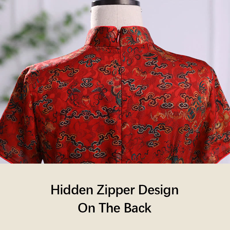 Abito da donna in cheongsam con stampa di foglie e nuvole di buon Buddha Stones vintage, abito da donna in qipao - image 6