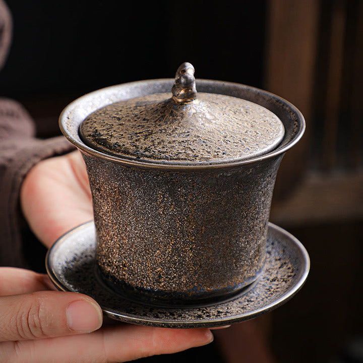 Buddha Stones Retro Rust Glaze Ceramic Gaiwan Sancai Tazza da tè Kung Fu Tazza da tè e piattino con coperchio