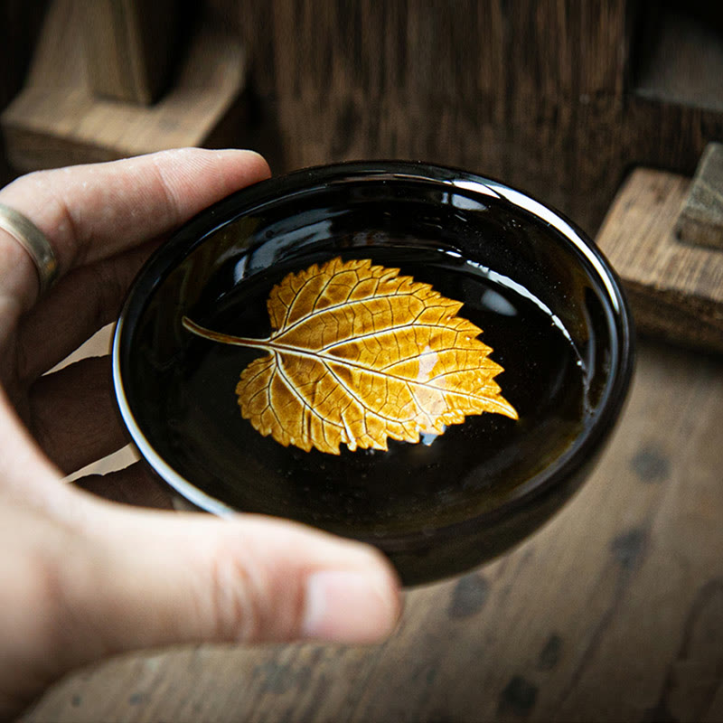 Buddha Stones Foglia d'acero dorata Tazza da tè cinese Jianzhan in ceramica Tazza da tè Tenmoku Kung Fu