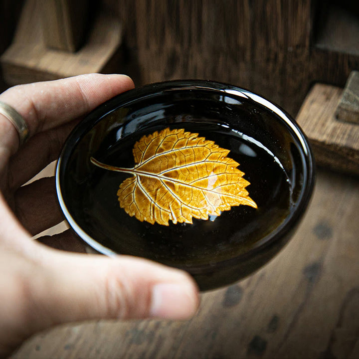 Buddha Stones Foglia d'acero dorata Tazza da tè cinese Jianzhan in ceramica Tazza da tè Tenmoku Kung Fu