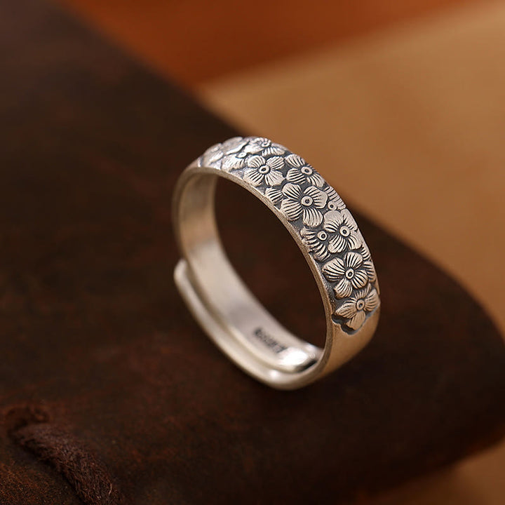 Anello di illuminazione inciso con Buddha Stones in argento sterling 999, fiore di loto, fiore di prugna, nuvole di buon auspicio