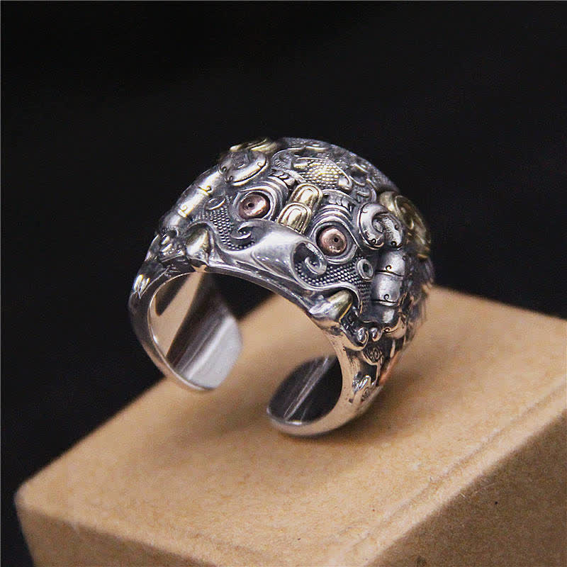 Anello regolabile con protezione del bestiame Fengshui Kui in argento sterling 925 Buddha Stones