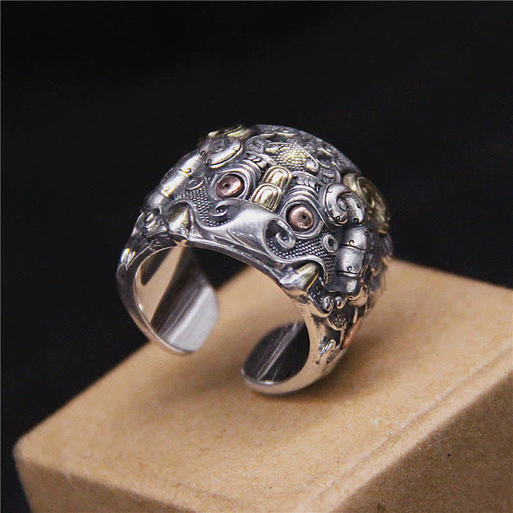 Anello regolabile con protezione del bestiame Fengshui Kui in argento sterling 925 Buddha Stones