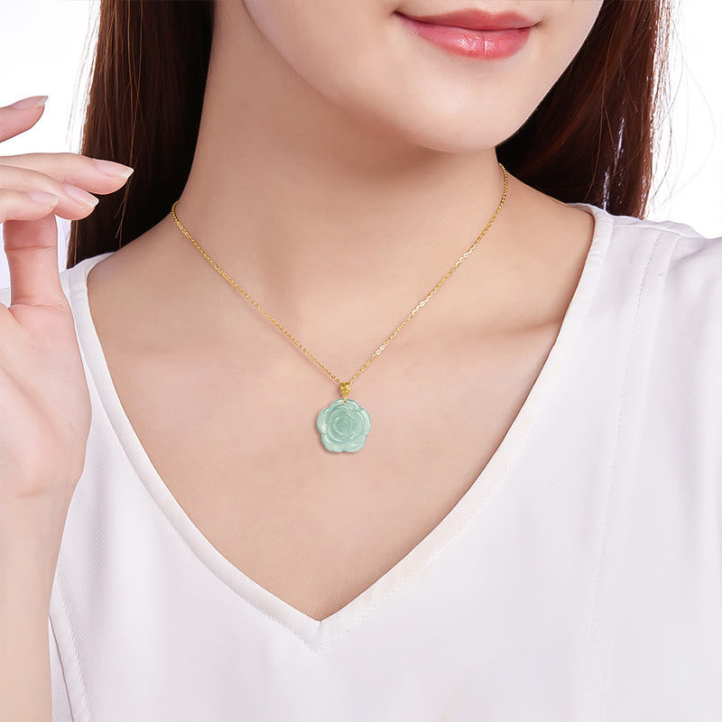 Collana con ciondolo in giada rosa naturale con Buddha Stones in oro 18 carati e argento sterling 925