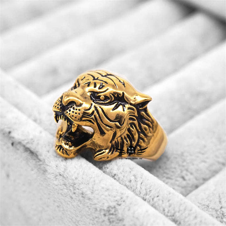 Anello da motociclista punk rock con testa di tigre in titanio e acciaio da uomo
