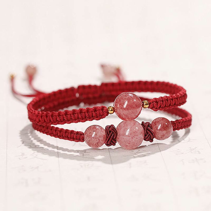Buddha Stones Natural Strawberry Quartz Crystal Love Braccialetto intrecciato con corda rossa alla caviglia