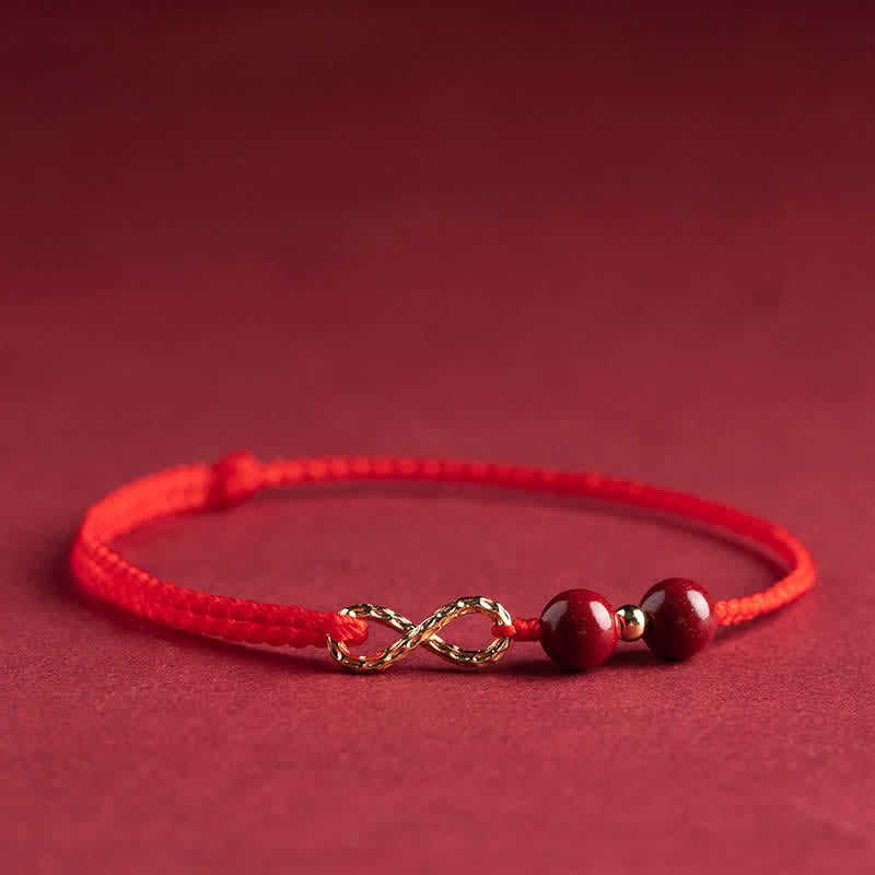 Buddha Stones Cinnabar Benedizione Rosso String 14K Oro Simbolo Infinito Bracciale Cavigliera