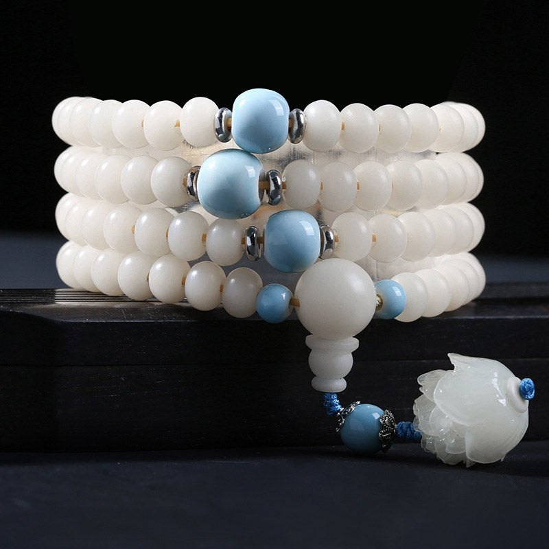 Buddha Stones Braccialetto con ciondolo di benedizione del loto con perline di Bodhi - Semi di Bodhi, perle blu e loto - 10*8mm - image 10