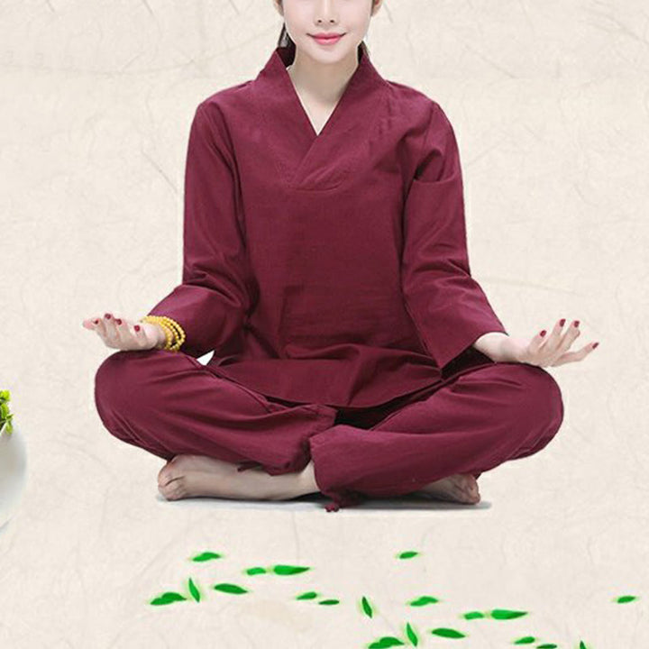 Buddha Stones Zen Pratica Yoga Meditazione Preghiera Scollo a V Design Uniforme Cotone Lino Abbigliamento Donna Set - image 3