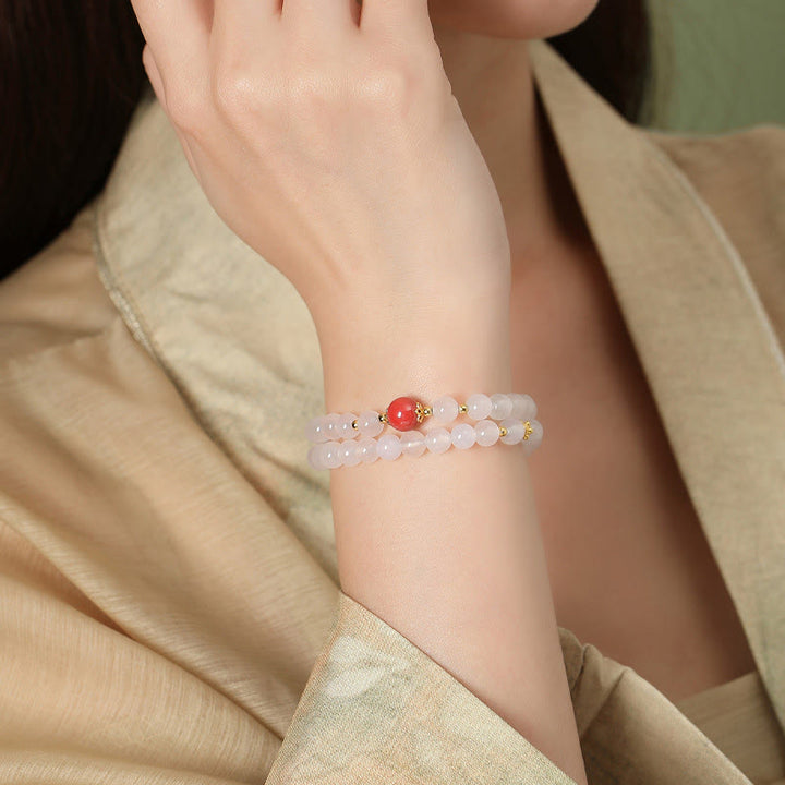 Braccialetto di protezione a doppio giro Buddha Stones in argento sterling 925 con agata bianca naturale e cinabro