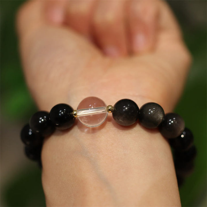 Braccialetto di coppia di colore Yin Yang con protezione in cristallo bianco e cristallo rosa con lucentezza argentata naturale