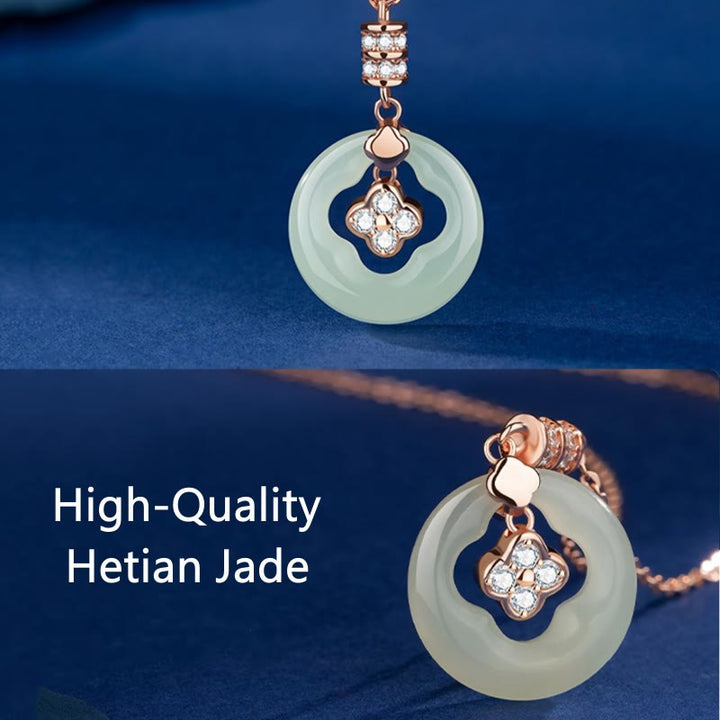 Buddha Stones 925 Sterling Silver Hetian Jade naturale Lucky Four Leaf Clover Zircone Collana pendente con scatola regalo