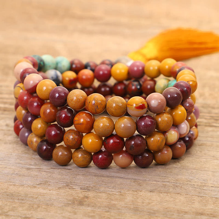 Buddha Stones 108 Mala Beads Mookaite Braccialetto di crescita emozionale Collana con nappa Pendente