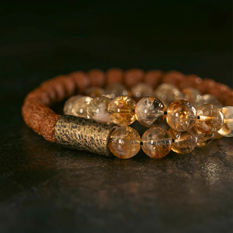 Braccialetto Buddha Stones Natural Citrine Crystal Rudraksha Bodhi Seed Brass Bead Prosperity Double Wrap