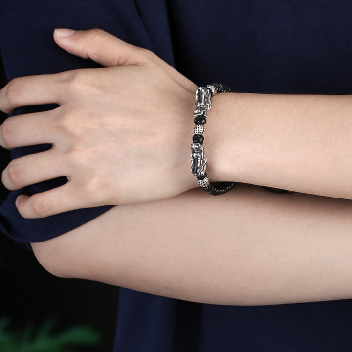 Bracciale intrecciato fatto a mano con doppio drago in argento sterling 999 Buddha Stones