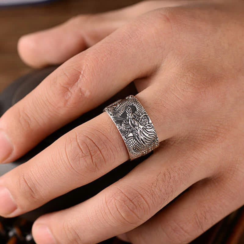Anello di protezione e successo con motivo intagliato a drago in argento sterling 999 Buddha Stones