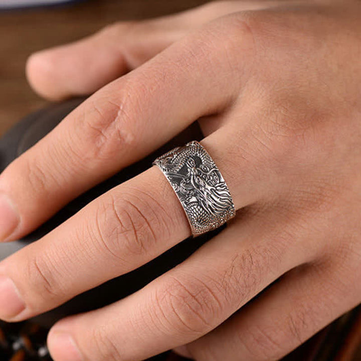 Anello di protezione e successo con motivo intagliato a drago in argento sterling 999 Buddha Stones