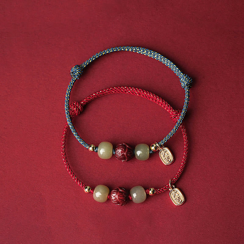 Braccialetto di corda artigianale Buddha Stones in giada Hetian placcato oro 14K, cinabro e loto portafortuna
