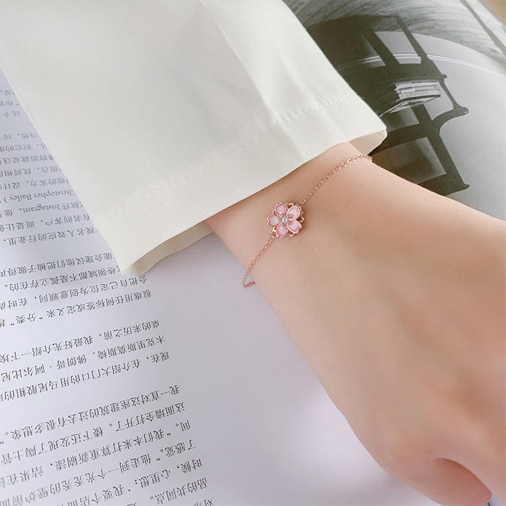 Bracciale a catena con benedizione in fiore di ciliegio in argento sterling 925 Buddha Stones, anello girevole