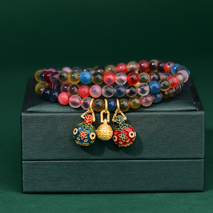 Buddha Stones Caramella Colorata Agata Oro Deglutizione Bestia Famiglia Forza Ciondolo Bracciale Triplo Avvolgimento