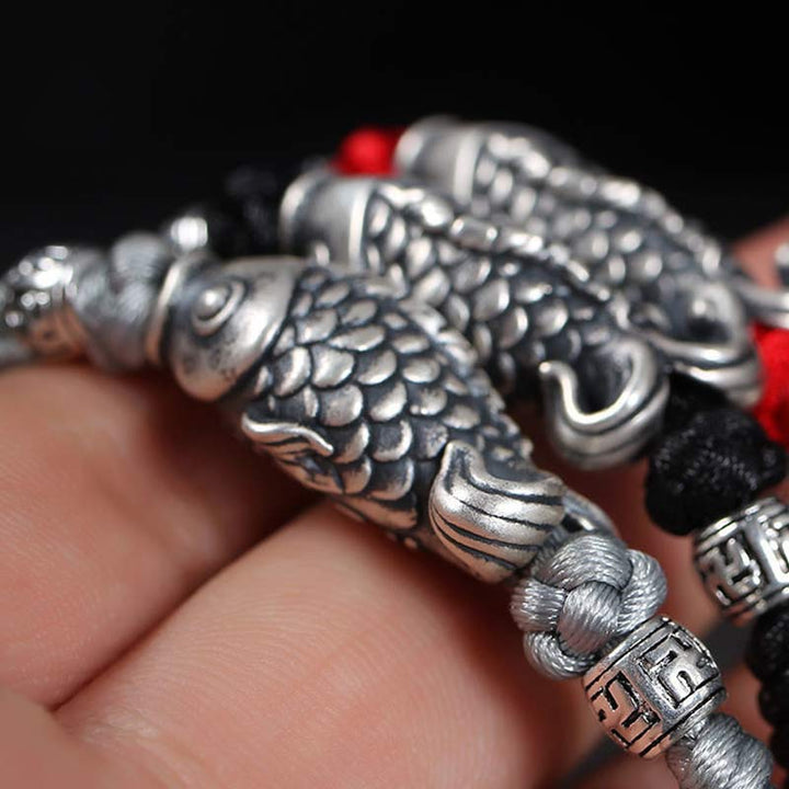 Braccialetto intrecciato con corda in argento Buddha Stones Luck Koi Fish