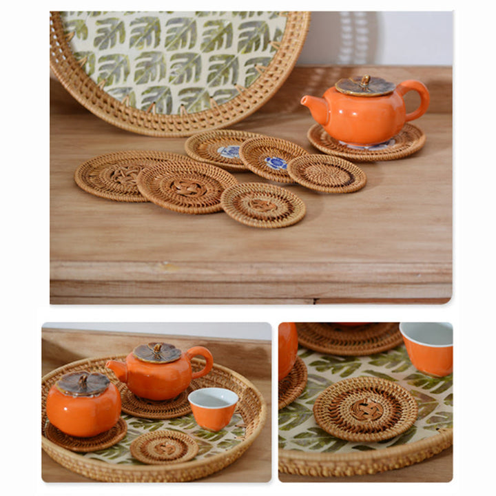 Sottobicchiere per tazza da tè in rattan con motivo floreale in ceramica