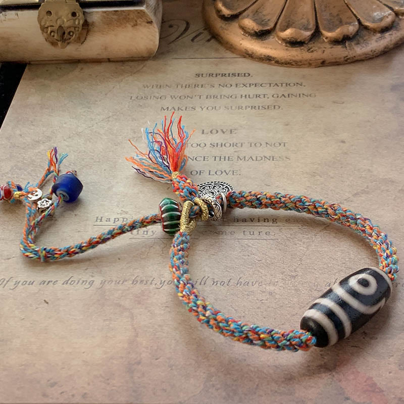 Braccialetto di protezione intrecciato con perline Dzi fatte a mano in argento sterling 925 tibetano Om Mani Padme Hum