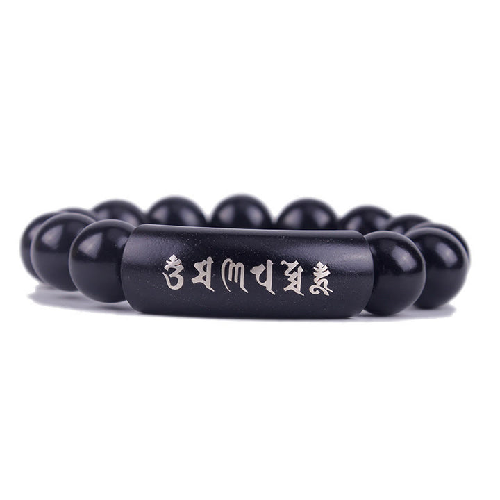 Bracciale intarsiato in legno di ebano con Buddha Stones in argento sterling 999 Om Mani Padme Hum