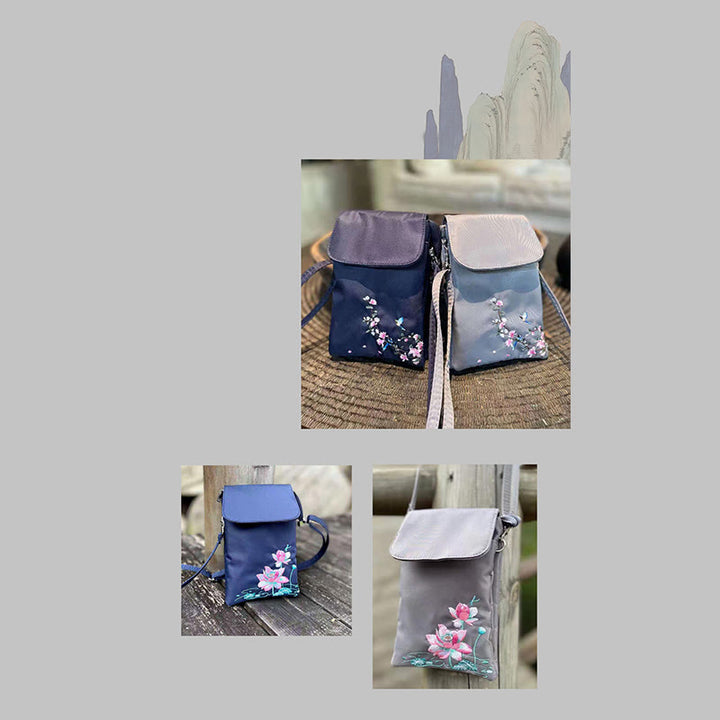 Borsa a tracolla con fiori di loto ricamati a mano, impermeabile , Buddha Stones , borsa per cellulare