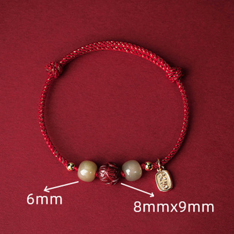 Braccialetto di corda artigianale Buddha Stones in giada Hetian placcato oro 14K, cinabro e loto portafortuna