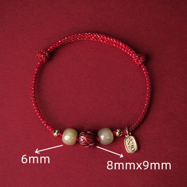 Braccialetto di corda artigianale Buddha Stones in giada Hetian placcato oro 14K, cinabro e loto portafortuna