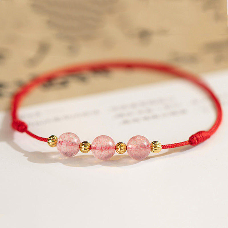 Buddha Stones Perline di cristallo di fragola Cavigliera con corda rossa portafortuna