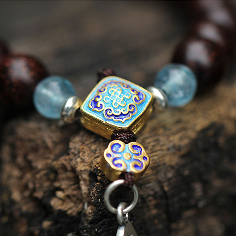 Bracciale Buddha Stones 925 Sterling Silver Indiano Piccola Foglia Sandalo Rosso Acquamarina Pieno di Stella d'Oro Cinese Nodo Benedizione Bracciale