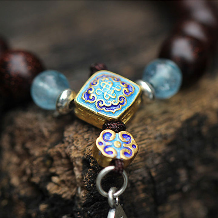 Bracciale Buddha Stones 925 Sterling Silver Indiano Piccola Foglia Sandalo Rosso Acquamarina Pieno di Stella d'Oro Cinese Nodo Benedizione Bracciale